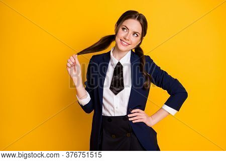 Portrait Of Her She Nice Attractive Pretty Charming Lovely Dreamy Cheerful Schoolgirl Learning Fanta