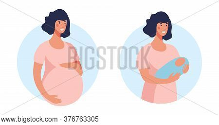 A Set Of Illustrations About Pregnancy And Motherhood. Pregnant Woman On A Round Blue Background. Gi