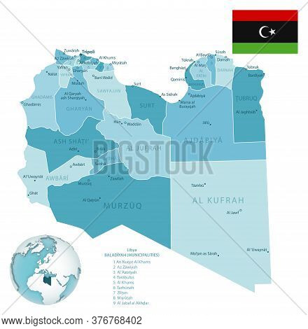 Libya Administrative Blue-green Map With Country Flag And Location On A Globe.