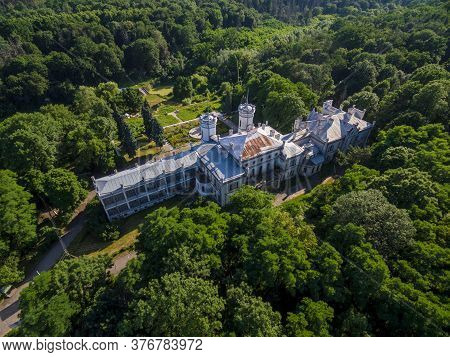 Old Abandoned Palace In Sharivka, Kharkiv Region Landmark, Ukraine. Summer Aerial View From Back