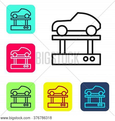 Black Line Repair Car On A Lift Icon Isolated On White Background. Repair Of The Underbody, Suspensi