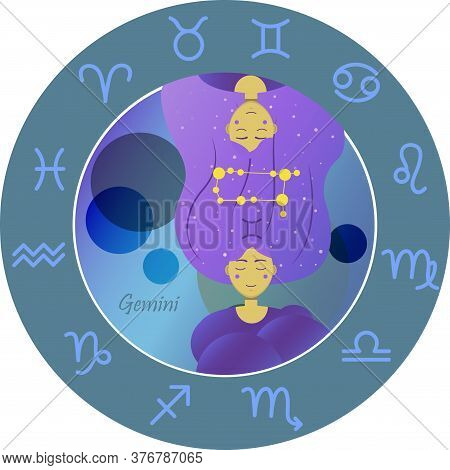 Vector Illustration Of The Zodiac Sign By Horoscope. A Girl With Long Hair Of The Starry Sky And The