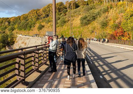 Aomori Prefecture, Japan - Oct 17, 2019 : Tourists Sightseeing On The Jogakura Ohashi Bridge During 