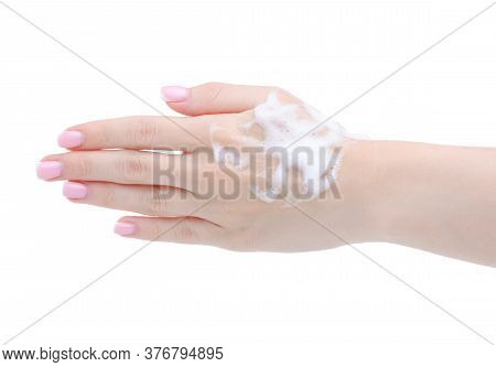 Hand With Panthenol Foam On White Background Isolation
