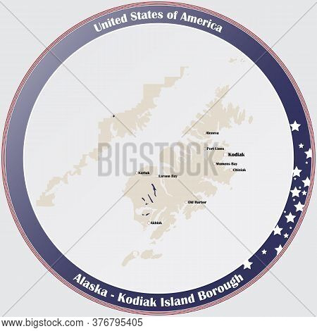 Round Button With Detailed Map Of Kodiak Island Borough In Alaska, Usa.