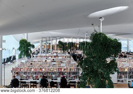 Helsinki, Finland - July 1, 2020: The Interior Of The Brand New Oodi Library. Oodi Library In Top 10
