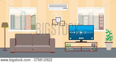 Living Room Home Interior With Two Windows, Sofa, Tv And Air Condi