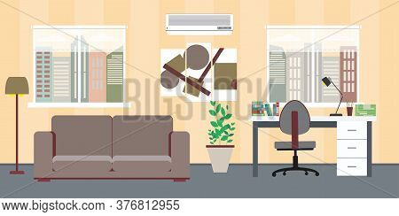 Home Interior Flat Design. Workspace For Freelancer And Work Rel
