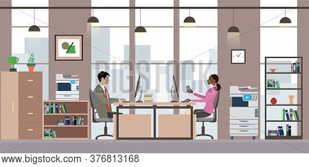 Asian Businssman And African American Business Woman In Modern O