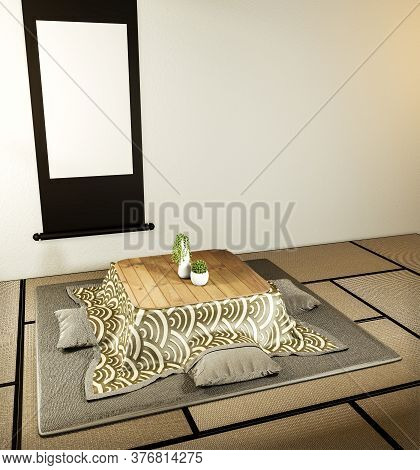 Kotatsu Low Table And Pillow Ontatami Mat, Room Japan And Frame Mock Up.3D Rednering