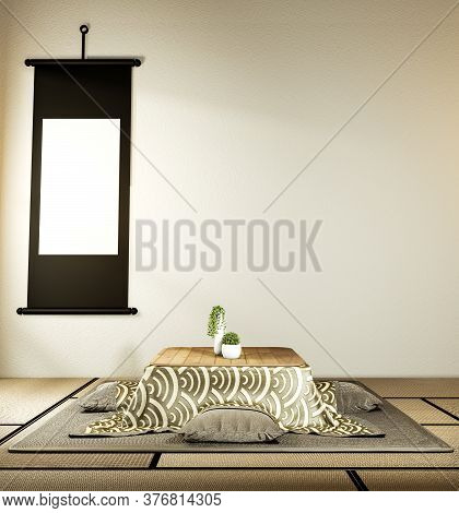 Kotatsu Low Table And Pillow Ontatami Mat, Room Japan And Frame Mock Up.3D Rednering
