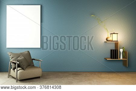 Living Dark Blue Room Japanese Style With Wooden Table, Lamps And Armchair On Floor Concrete. 3D Ren