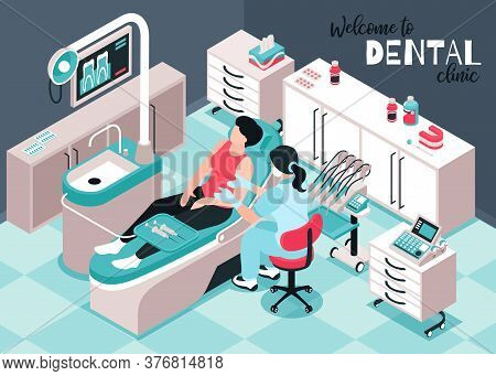 Isometric Dantist Background Composition With Indoor View Of Dental Clinic Office With Dentist Chara