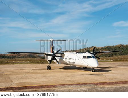San Vicente, Philippines - January 30, 2019: Bombardier Q400 Airplane Philippine Airlines At Small A