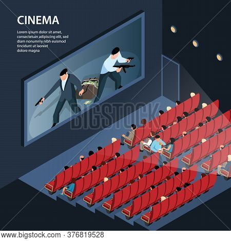 Isometric Cinema Background With Indoor View Of Movie Theater Plex With Seats Audience And Editable 