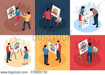 Isometric Exhibition Gallery Design Concept 3x2 Set Of Square Compositions With Characters Of Painte