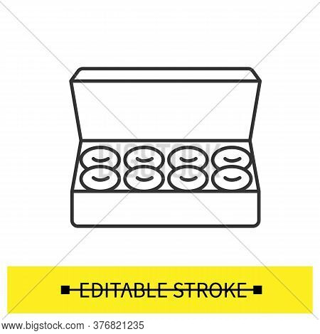 Donuts Box Icon. Big Open Cardboard Pack Of Homemade Pasty Linear Pictogram. Concept Of Tasty And Fr