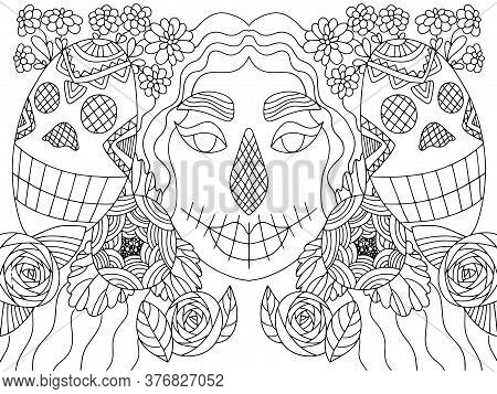 Dia De Los Muertes Woman Horizontal Vector Coloring Page. Symmetry Young Woman And Skull And Flowers