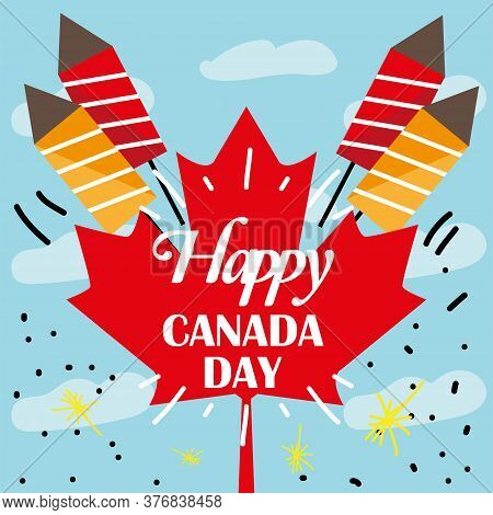 Happy Canada Day Card With A Rocket Firewoks And Maple Leaf - Vector