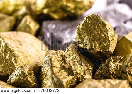 Nuggets Of Gold And Silver Piled Up, Precious Stones Used In The Industry And Jewelry. Concept Of El