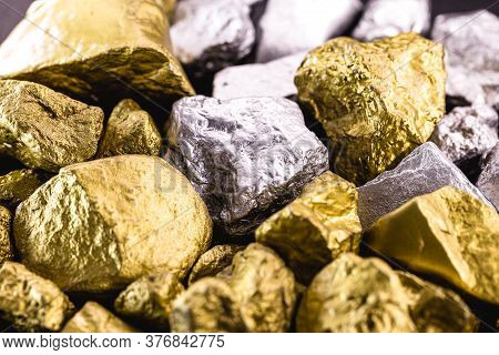 Nuggets Of Gold And Silver Piled Up, Precious Stones Used In The Industry And Jewelry. Concept Of El
