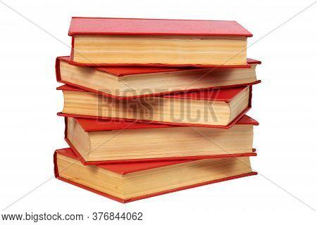 Abstract Old Red Books Stack Isolated On White Background, Close-up