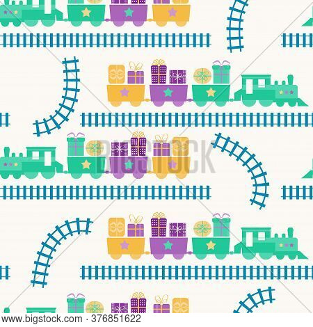 Seamless Flat Colorful Cartoon Vector Pattern With Train And Gift Boxes