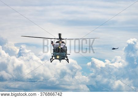 Chonburi, Thailand - July 9, 2020: The Eurocopter Ec 645 T2 Helicopter Of Royal Thai Navy Fly In The