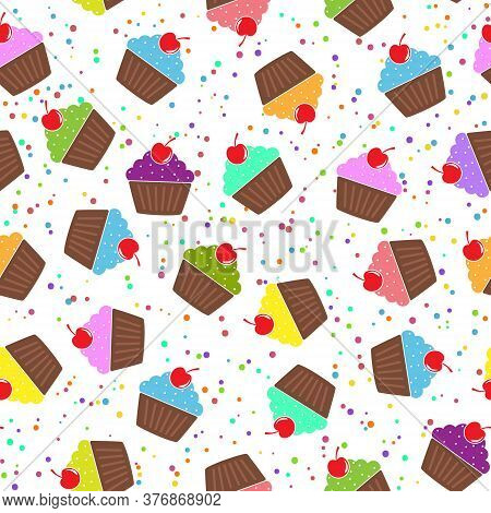 Stylized Seamless Pattern With Muffin And Cherry For Texture, Textiles, Packaging And Background