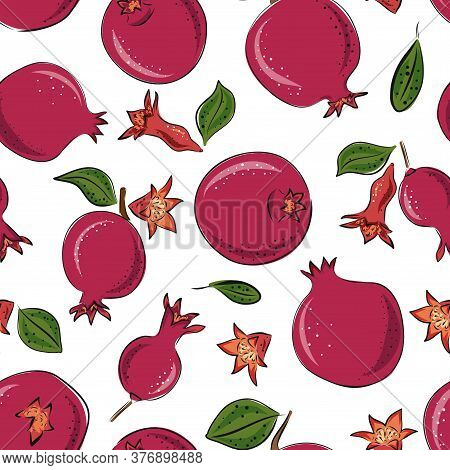 Pomegranate With Seeds And Leaves Seamless Pattern. Hand Drawn Illustration With Engraving Style Fru