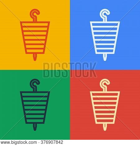 Pop Art Line Grilled Shish Kebab On Skewer Stick Icon Isolated On Color Background. Meat Kebab On Sk
