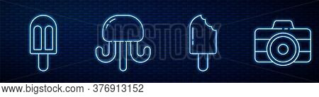Set Line Ice Cream, Ice Cream, Jellyfish And Photo Camera. Glowing Neon Icon On Brick Wall. Vector