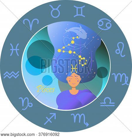 Vector Illustration Of The Zodiac Sign By Horoscope. A Girl With Long Hair Of The Starry Sky And The