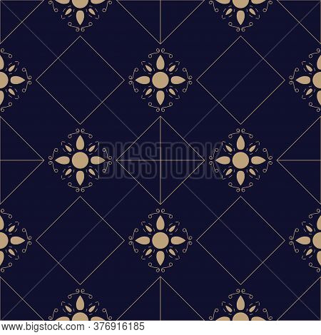 Abstract Geometric Pattern With Lines And Flowers, Rhombuses A Seamless Vector Background. Blue And 