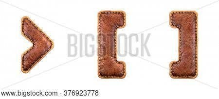Set of symbols right angle bracket, left and right bracket made of leather. 3D render font with skin texture isolated on white background. 3d rendering