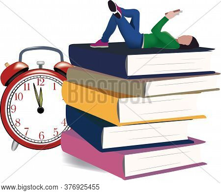 Study Time Girl With A Book And The Red Alarm Clock