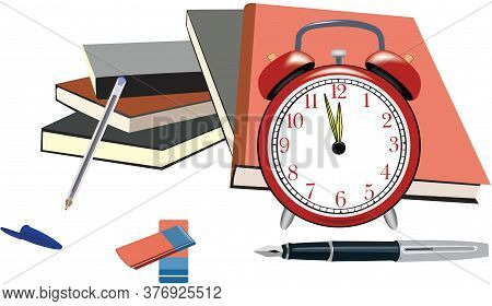 Study Time Girl With A Book And The Red Alarm Clock