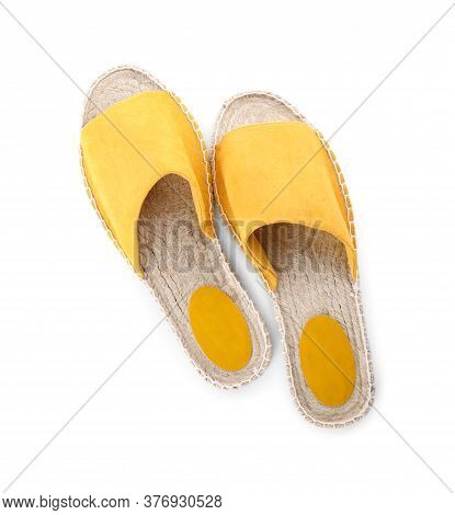 Slide Sandals Isolated On White, Top View. Beach Accessory