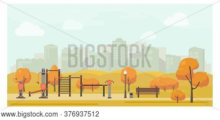 Autumn Urban Park Landscape Flat Illustration With Street Workout Zone. Sport Playground, Outdoor Gy