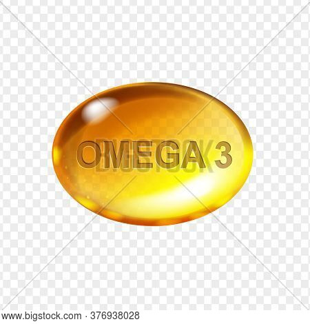 Omega 3 Acid, Yellow Gelatin Capsule. Vitamin Drop Gold Pill Realistic Vector Illustration