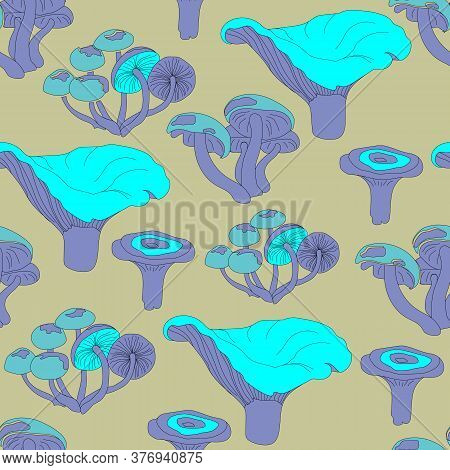 Seamless Acidic Background With Forest Mushrooms, Toadstools. Hallucinogenic Purple Mushrooms On A B