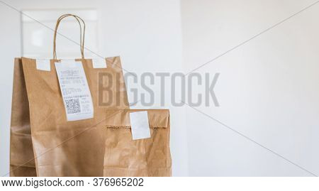 Delivery Home Food App Concept Image With Paper Bag. Space For Text Or Logo.