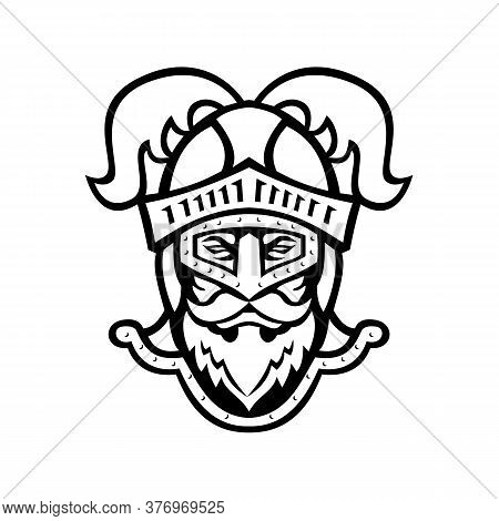 Black And White Mascot Illustration Of Head Of A  Viewed From Knight Wearing A Helmet With Ostrich P
