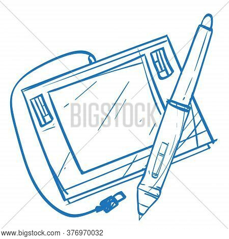 Graphic Tablet With A Pen Sketch Of The Logo. Element For Infographics In The Hand Drawing Style.