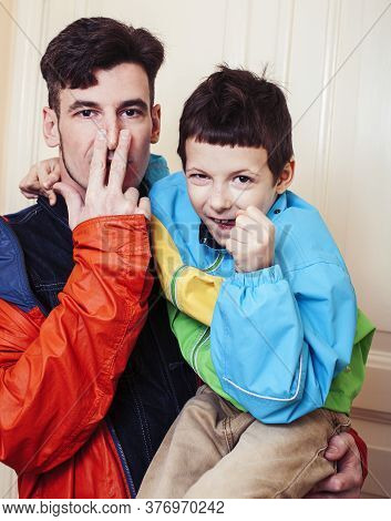 Faher And Son Together Having Fun At Home, Lifestyle Happy Family, People At Home