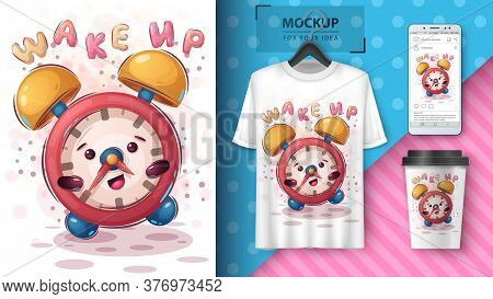 Cute Allarm Clock Poster And Merchandising. Vector Eps 10