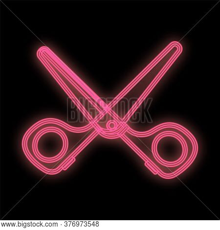 Bright Neon Pink Scissors On A Black Background. Glamorous Tool For Manicure And Pedicure, Creating 