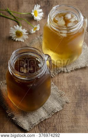 Two Different Herbal Iced Tea. Blooming Sally And Chamomile Tea.
