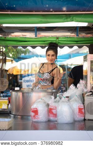 Samut Sakorn, Thailand - February 15, 2020 : Unidentified Asian Sexy Woman Chef Cooking A Noodle Sou