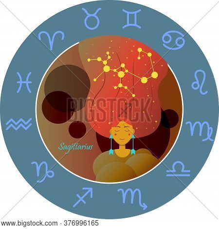 Vector Illustration Of The Zodiac Sign By Horoscope. A Girl With Long Hair Of The Starry Sky And The